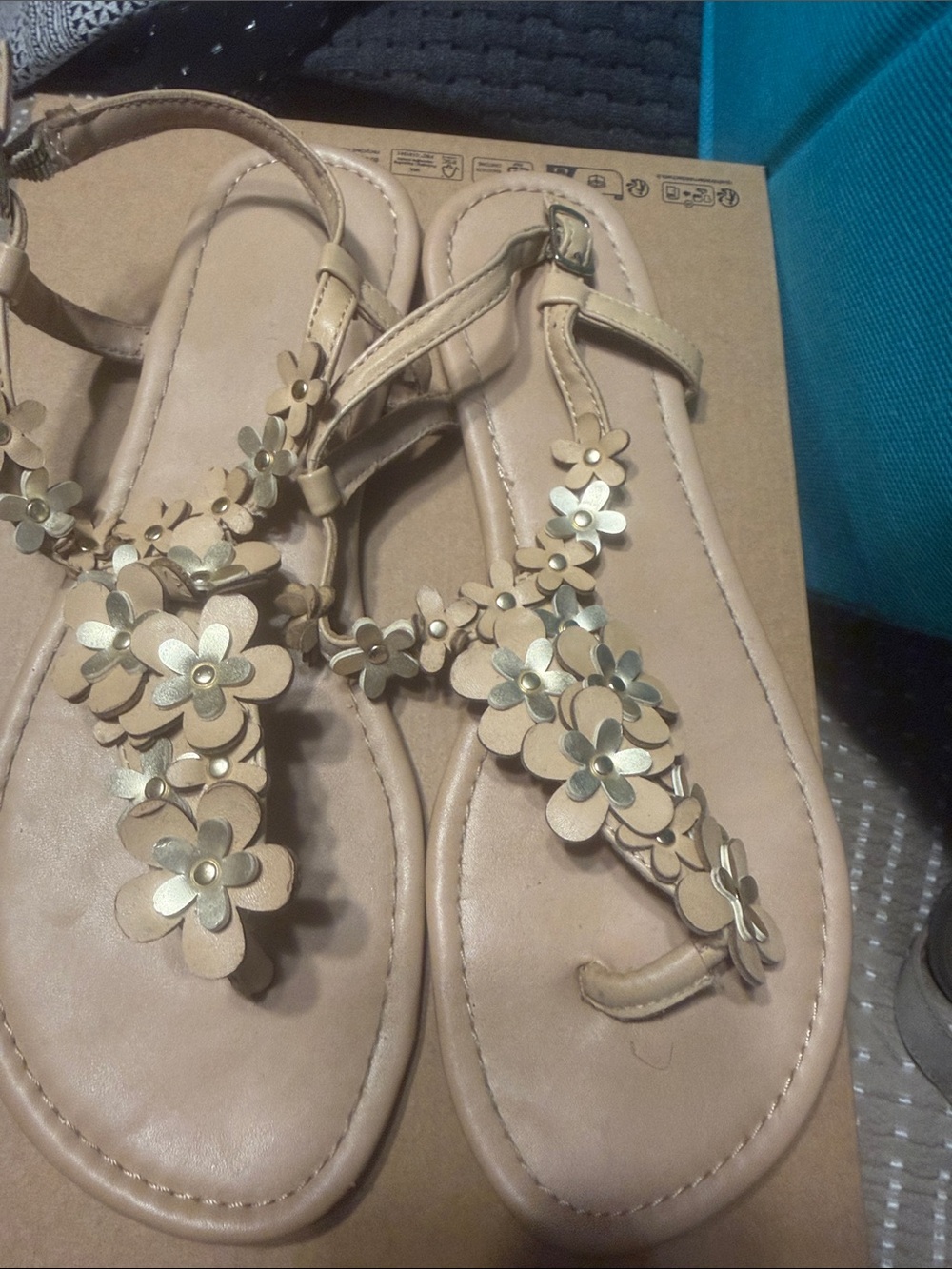 Women's Beige Floral T-Strap Sandals